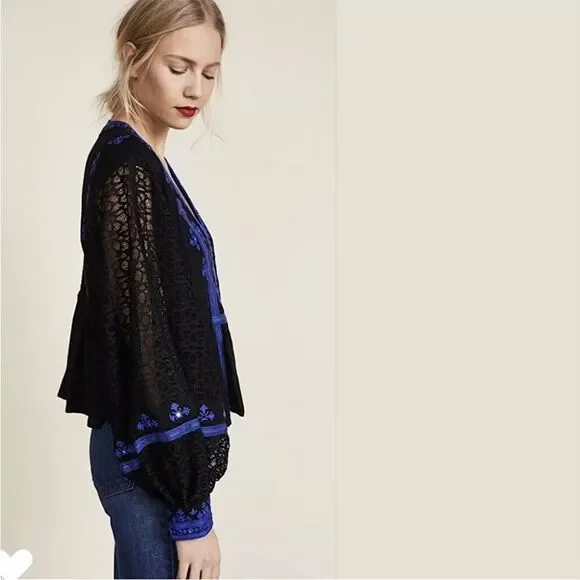 FREE PEOPLE Boogie All Night Peasant Blouse In Black S NWOT - Picture 4 of 13